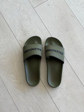 Balenciaga Men’s Olive Green Logo Slide Sandals with Navy Lettering
